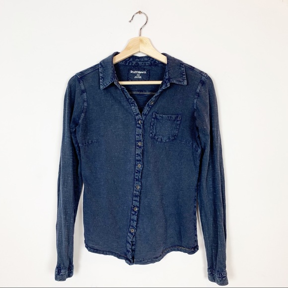 Ruff Hewn Tops - RUFF HEWN Blue Stretchy Casual Button Down Shirt